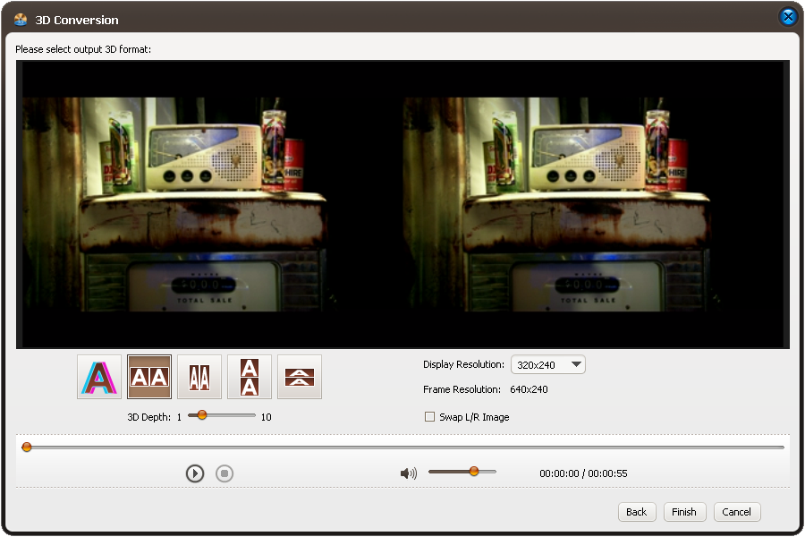 Окно 3D Conversion в ImTOO Blu-ray Ripper с режимами анаглиф, Side by Side и Top and Bottom
