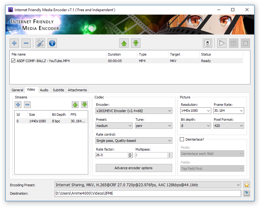 Настройки видеокодирования в Internet Friendly Media Encoder