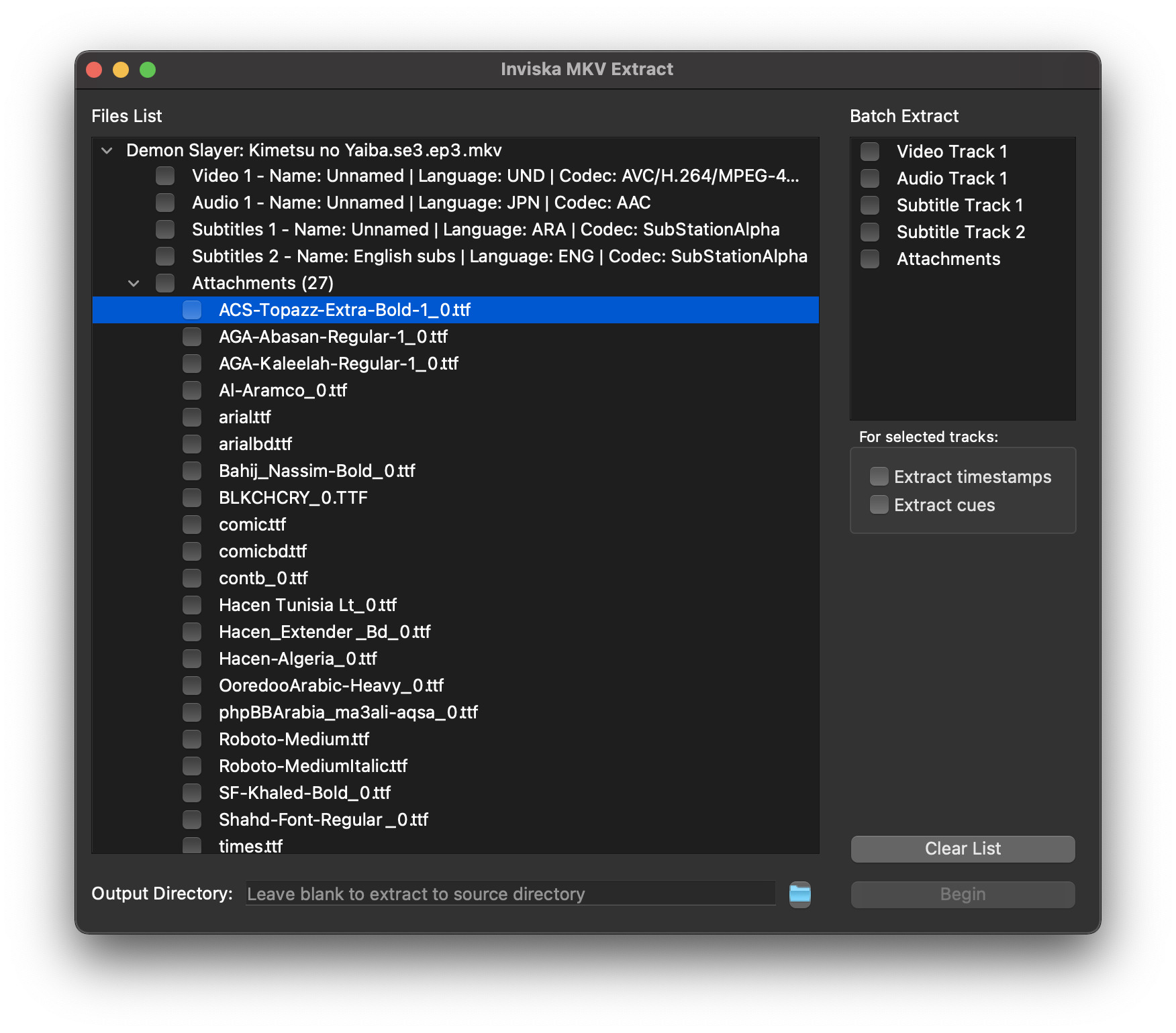 Inviska MKV Extract на macOS с раскрытой группой Attachments и длинным списком вложенных TTF-шрифтов.
