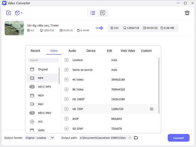 Категории выходных форматов Video Converter в Joyoshare VidiKit