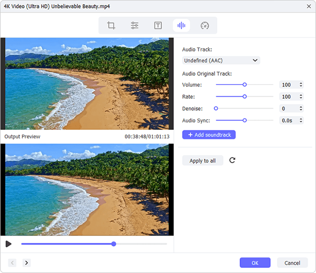 Выбор звуковой дорожки, громкость, шумоподавление и Audio Sync в VidiKit