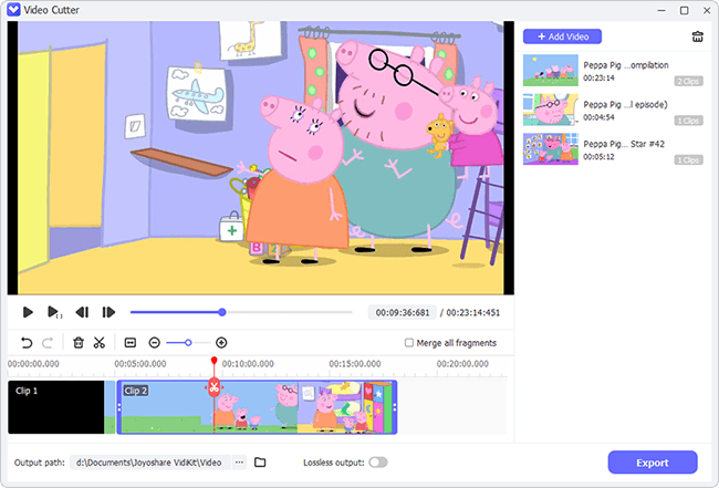 Разделение ролика на фрагменты на шкале Video Cutter в VidiKit