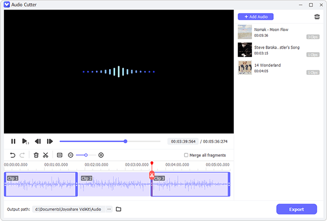 Волнограмма и фрагменты в Audio Cutter Joyoshare VidiKit