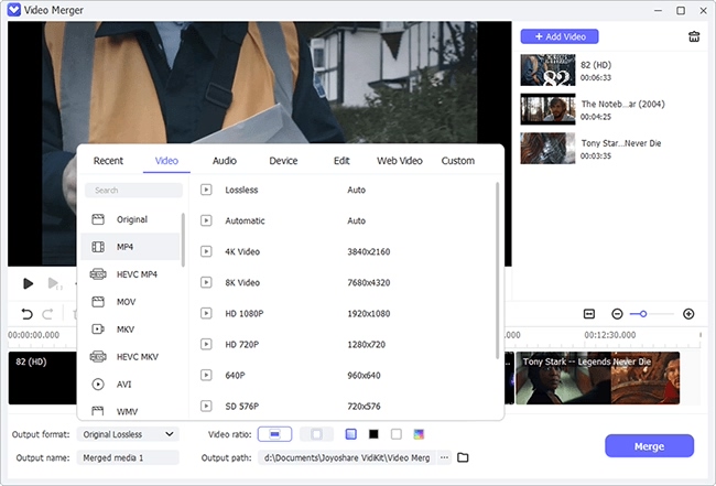 Порядок клипов и выбор формата в Video Merger Joyoshare VidiKit