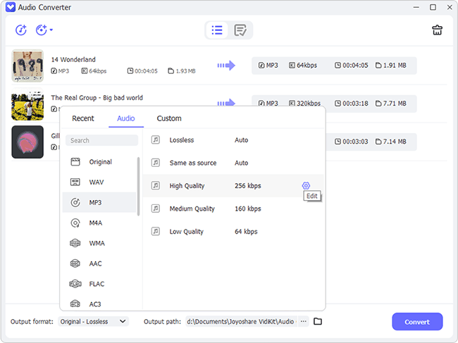 Выбор MP3 и качества звукового результата в Audio Converter VidiKit