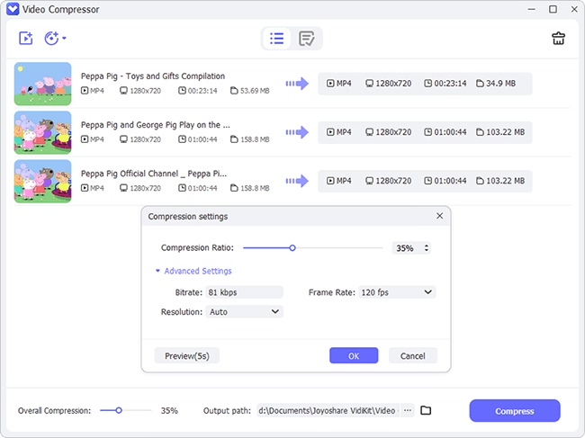 Степень сжатия и дополнительные параметры Video Compressor в VidiKit