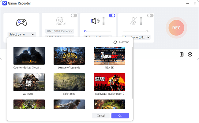 Выбор запущенной игры для записи в Game Recorder VidiKit