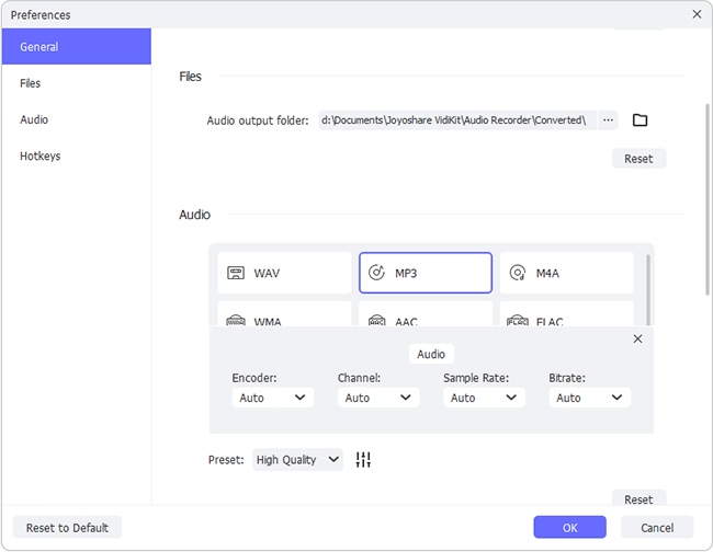 Форматы и параметры записи звука в Audio Recorder Joyoshare VidiKit