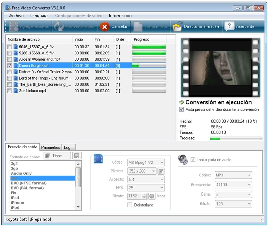 Koyote Free Video Converter 3.1: очередь файлов и конвертация в процессе