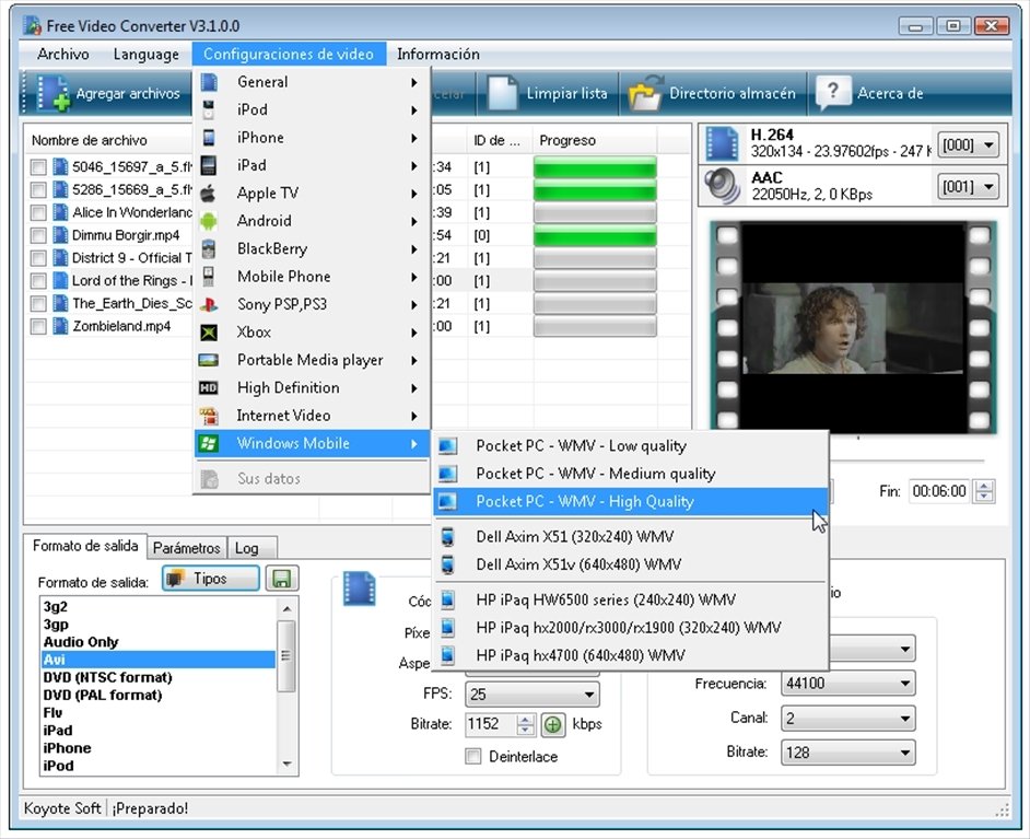 Меню Video presets Koyote Free Video Converter с профилями Windows Mobile