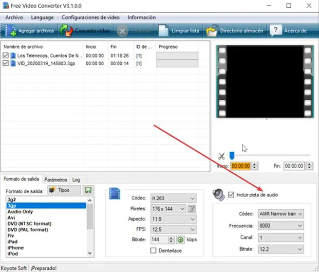 Аудионастройки Free Video Converter 3.1: AMR, частота, канал и битрейт