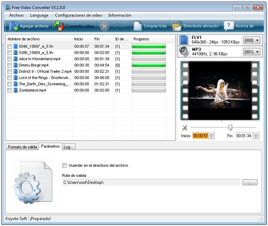 Вкладка Parameters с путём сохранения в Koyote Free Video Converter