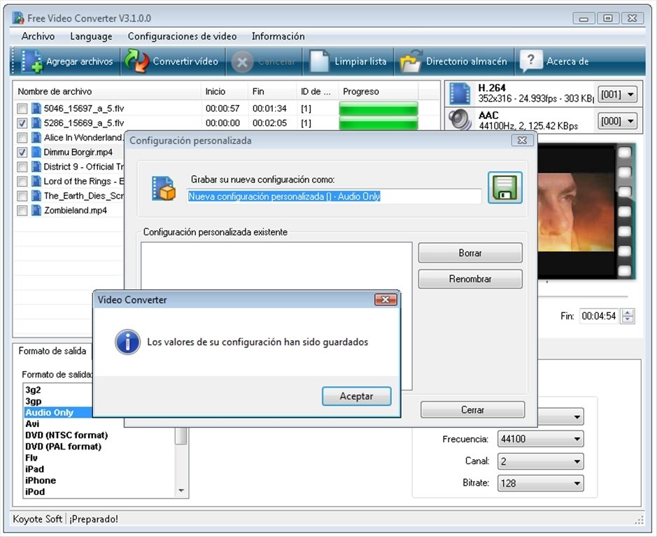 Сохранение пользовательского пресета в Koyote Free Video Converter