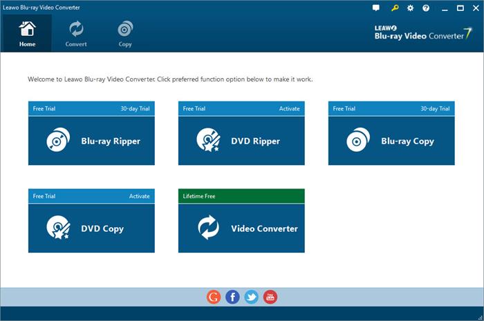 Домашний экран Leawo Blu-ray Video Converter 7 с плитками Blu-ray Ripper, DVD Ripper, Blu-ray Copy, DVD Copy и Video Converter