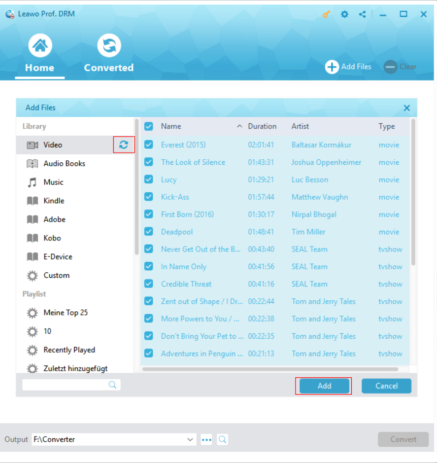 Leawo Prof. DRM Video & Music Converter со списком добавленного iTunes-видео