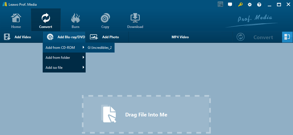 Меню Add UHD/Blu-ray/DVD в Leawo для загрузки диска, папки или ISO
