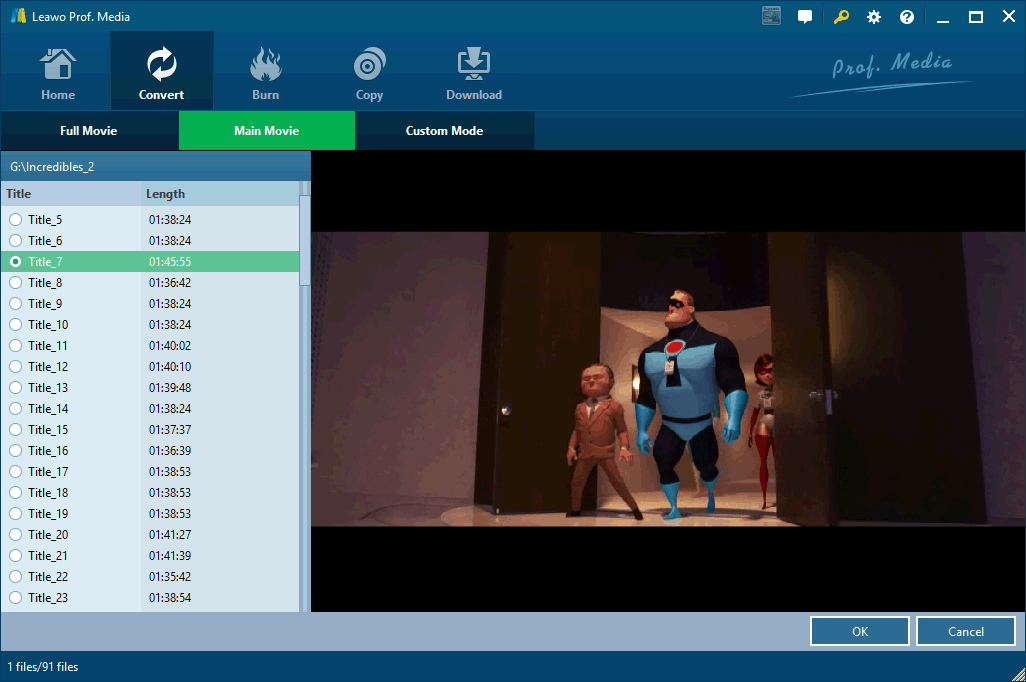 Выбор Main Movie, Full Movie и Custom Mode при импорте 4K UHD Blu-ray в Leawo