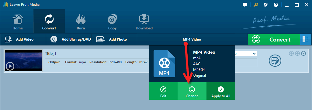 Меню Output Profile с командами Edit, Change и Apply to All в Leawo