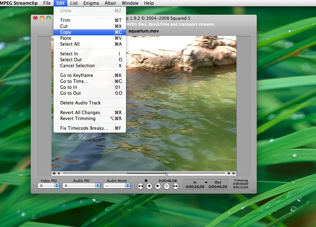 Главное окно MPEG Streamclip на macOS с открытым меню Edit и командами Trim, Cut, Copy, Select In/Out и Fix Timecode Breaks