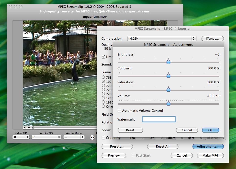 Панель Adjustments поверх MPEG-4 Exporter: Brightness, Contrast, Saturation, Volume и Watermark
