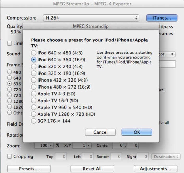 Диалог iTunes presets в MPEG-4 Exporter MPEG Streamclip с профилями iPod, iPhone, Apple TV и 3GP