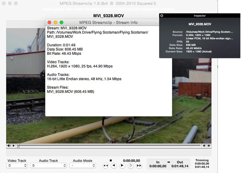 MPEG Streamclip с открытым Stream Info для MOV и параметрами H.264, разрешения, fps и битрейта