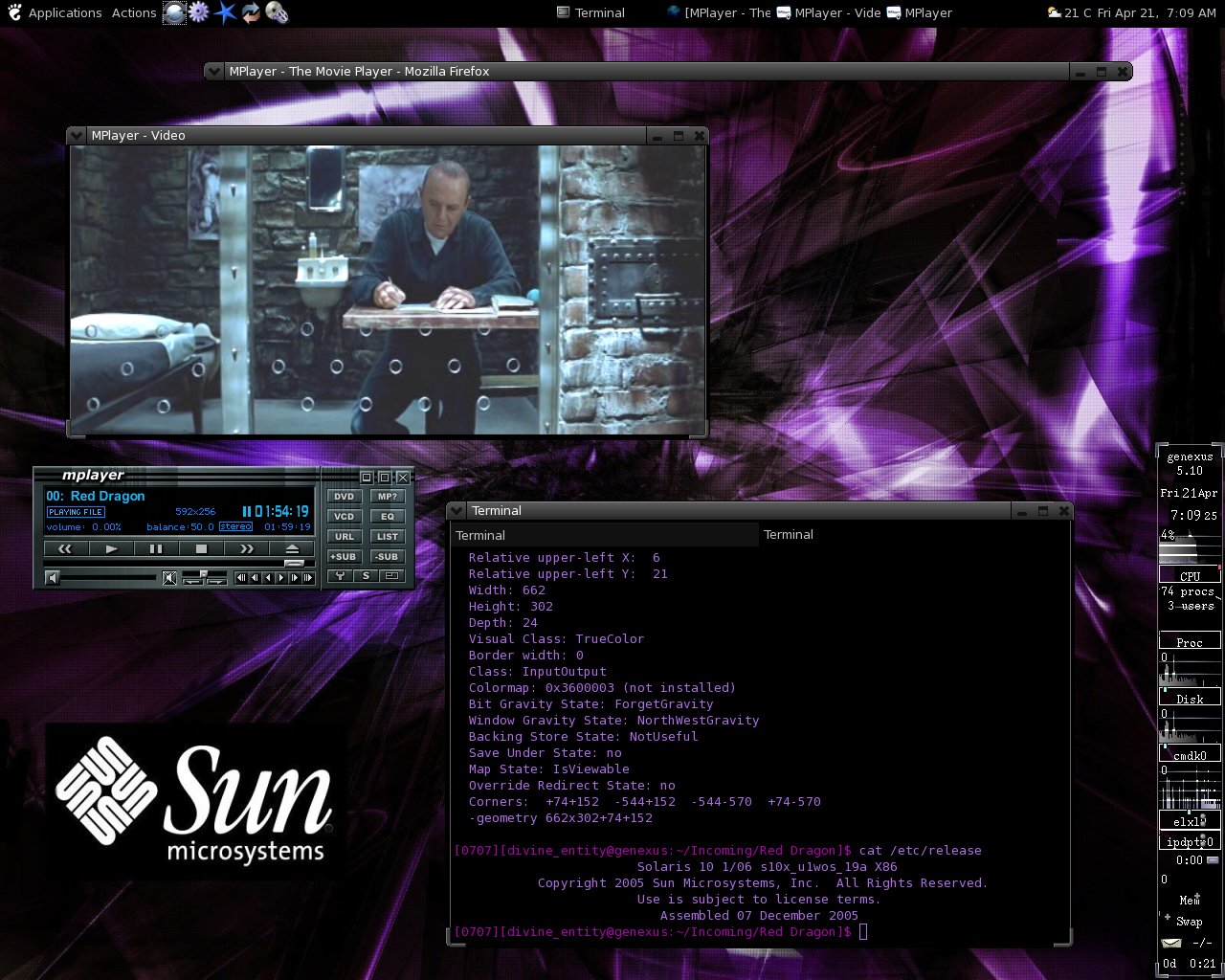 MPlayer в Solaris с терминалом и окном воспроизведения
