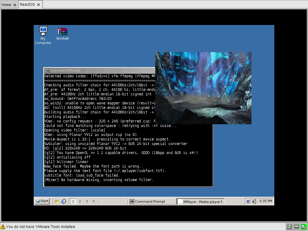 MPlayer в ReactOS с консольным выводом и видеоокном