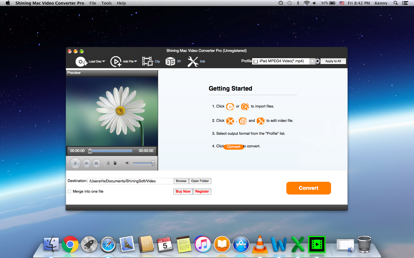 Главное окно Shining Mac Video Converter Pro с загрузкой исходников и очередью конвертации