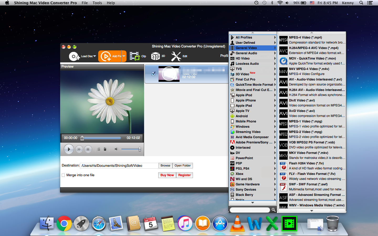 Окно Shining Mac Video Converter Pro с раскрытым списком Profile и категориями форматов