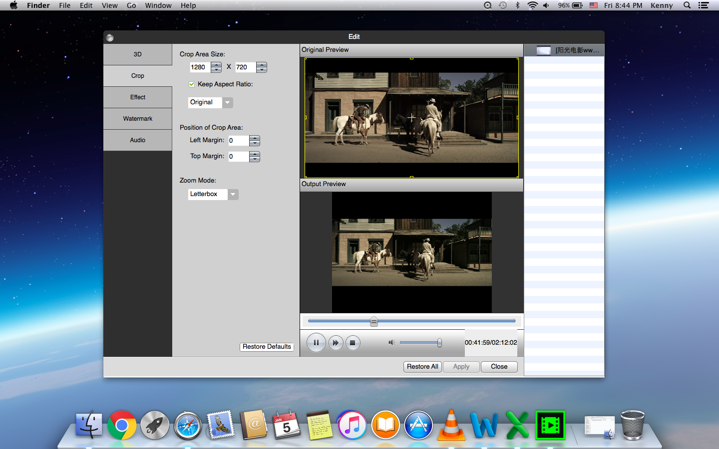 Окно Edit вкладки Crop в Shining Mac Video Converter Pro с Original Preview и Output Preview