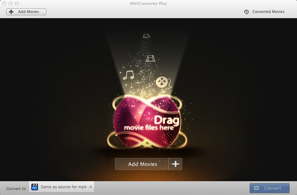 Главное окно M4V Converter Plus для Mac с кнопками Add Movies, Converted Movies и Convert