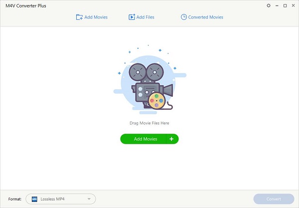 Главное окно M4V Converter Plus для Windows с Add Movies, Add Files и Converted Movies
