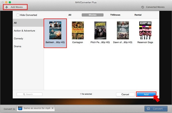 Окно Add Movies в M4V Converter Plus с фильмами iTunes и вкладками Movies, TVShows и Rental
