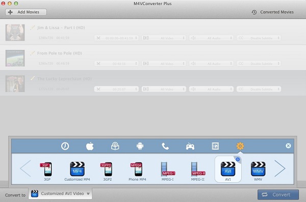 Панель профилей вывода M4V Converter Plus с MP4, 3GP, MPEG, AVI и WMV