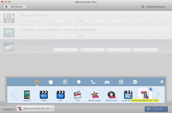 M4V Converter Plus с выбранным профилем Same as Source for MOV