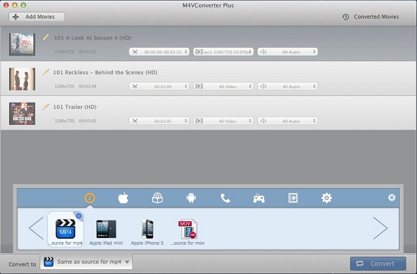 M4V Converter Plus со списком роликов, настройками потоков All Video и All Audio и профилем MP4