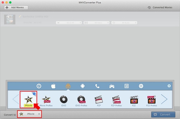 Профили Apple Software в M4V Converter Plus с выбранным iMovie