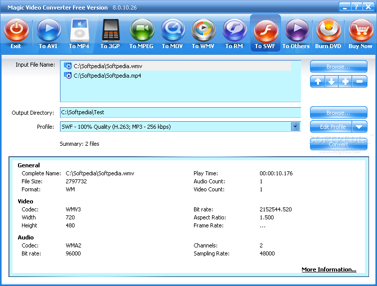 Главное окно Magic Video Converter с очередью файлов, выбором профиля и технической информацией о видео
