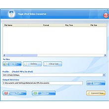 Главное окно Magic iPod Video Converter с пустой очередью, выбором профиля, папкой вывода и кнопками Add Files, Delete, Clear List, Choose Profile, Settings и Convert Now