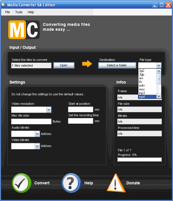 Главное окно Media Converter SA Edition с открытым списком выходных форматов