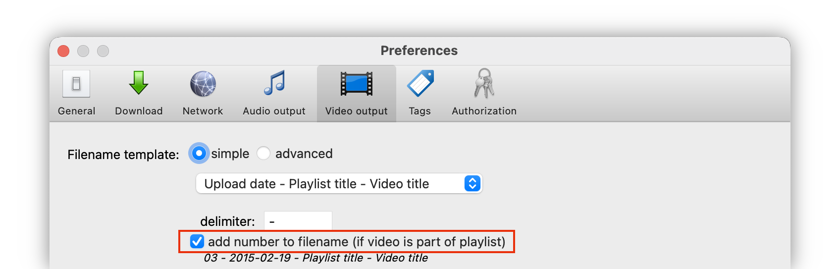Настройка Add number to filename для сохранения порядка глав