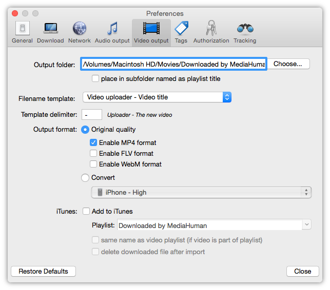 Preferences с папкой вывода и параметрами Video output