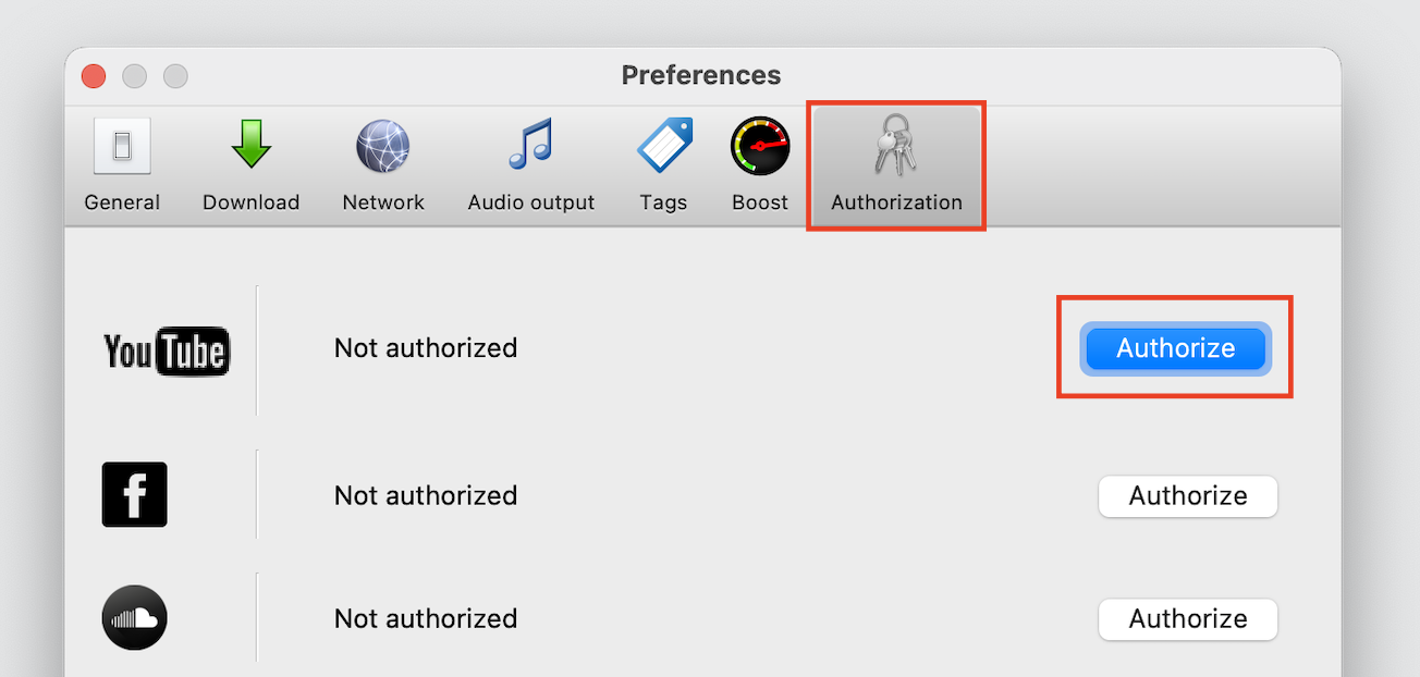 Вкладка Authorization в Preferences для входа в YouTube и другие сервисы
