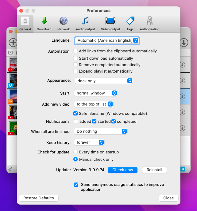 Общие Preferences MediaHuman YouTube Downloader с автоматизацией, уведомлениями и историей
