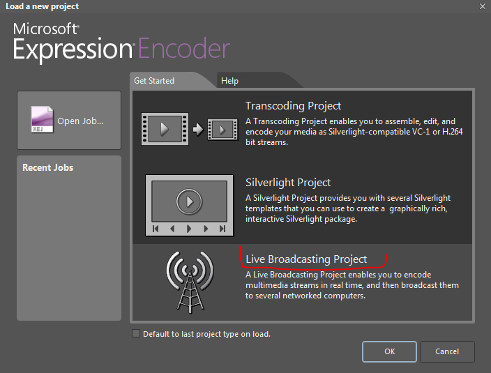 Окно Load a new project с Transcoding Project, Silverlight Project и Live Broadcasting Project