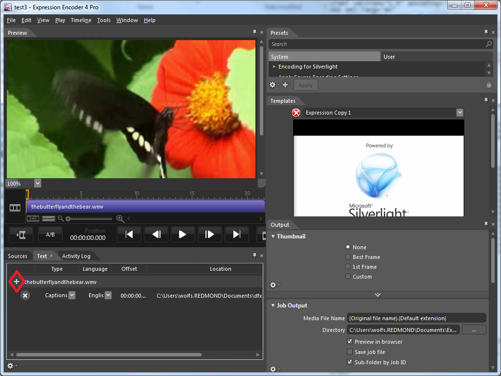 Silverlight Project в Expression Encoder 4 с Templates, Output и дорожкой субтитров