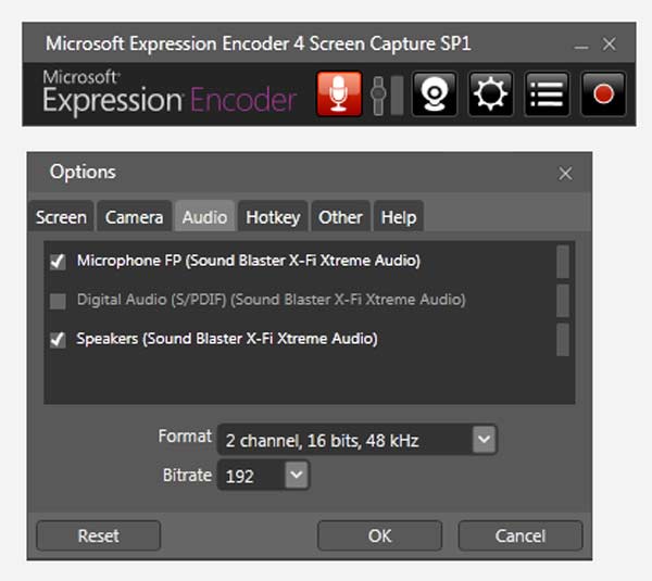 Вкладка Audio Screen Capture с выбором микрофона, Speakers, формата и битрейта