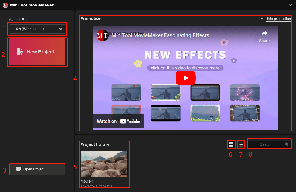 Окно Project Library с выбором Aspect Ratio, New Project и Open Project