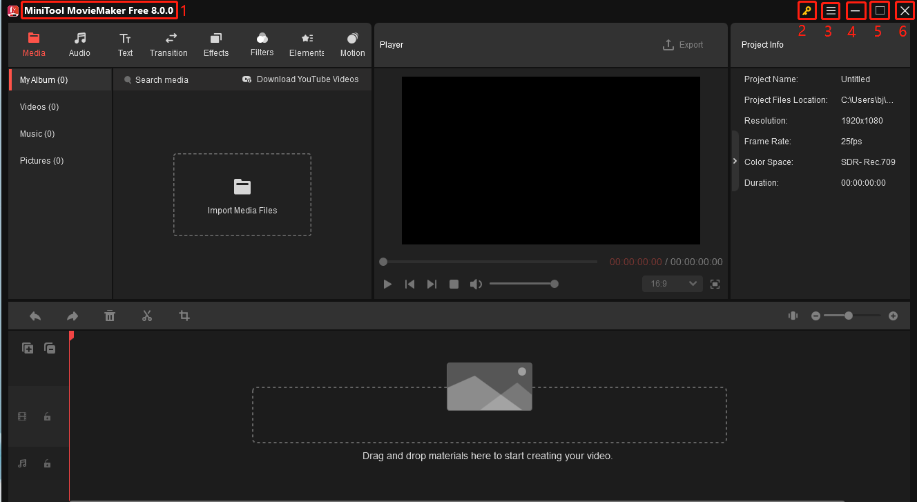 Главное окно MiniTool MovieMaker с медиатекой, Player, Project Info и Timeline
